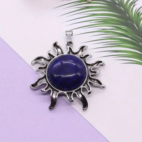 Lapis Lazuli Natural Stone Sun Shaped Pendant Necklace Healing Gemstone Pendant - Picture 2 of 3